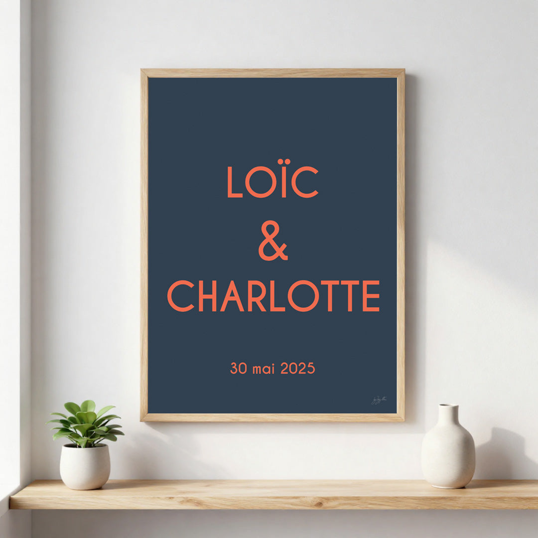 Poster de mariage personnalisée avec prénoms et date, décoration murale romantique fabriquée en France.
