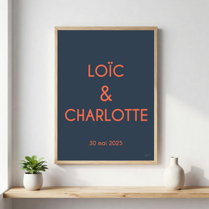 Poster de mariage personnalisée avec prénoms et date, décoration murale romantique fabriquée en France.
