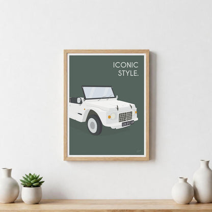 Affiche Méhari vintage – décoration murale inspirée de la Citroën Méhari et de l’esprit vacances.