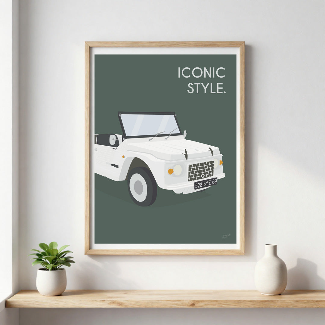 Affiche Méhari vintage – décoration murale inspirée de la Citroën Méhari et de l’esprit vacances.