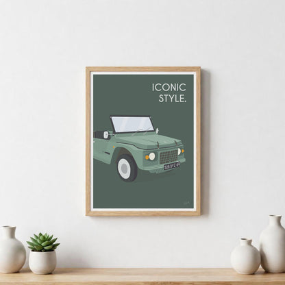 Affiche Méhari vintage – décoration murale inspirée de la Citroën Méhari et de l’esprit vacances.