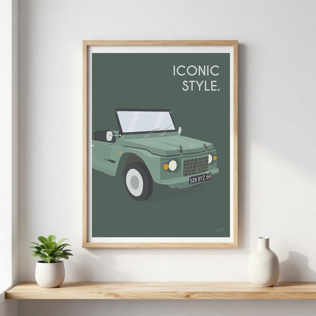 Affiche Méhari vintage – décoration murale inspirée de la Citroën Méhari et de l’esprit vacances.