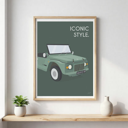 Affiche Méhari vintage – décoration murale inspirée de la Citroën Méhari et de l’esprit vacances.