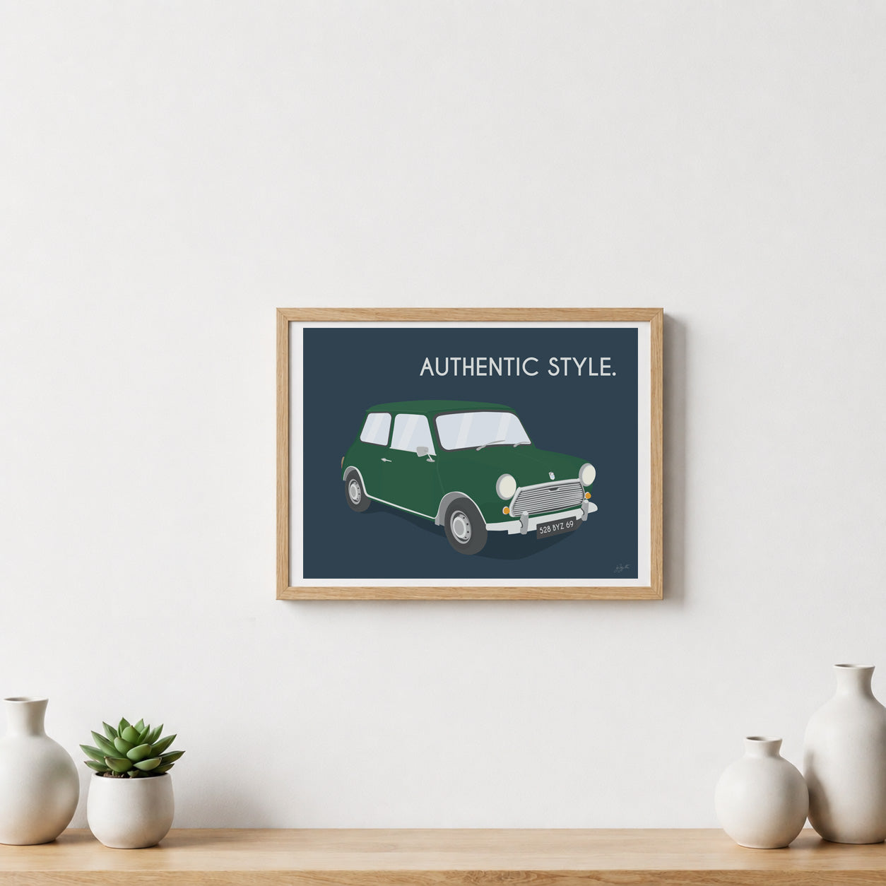 Affiche Mini vintage – décoration murale inspirée de la légendaire Mini Cooper et de l’élégance britannique.