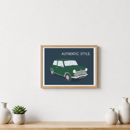 Affiche Mini vintage – décoration murale inspirée de la légendaire Mini Cooper et de l’élégance britannique.