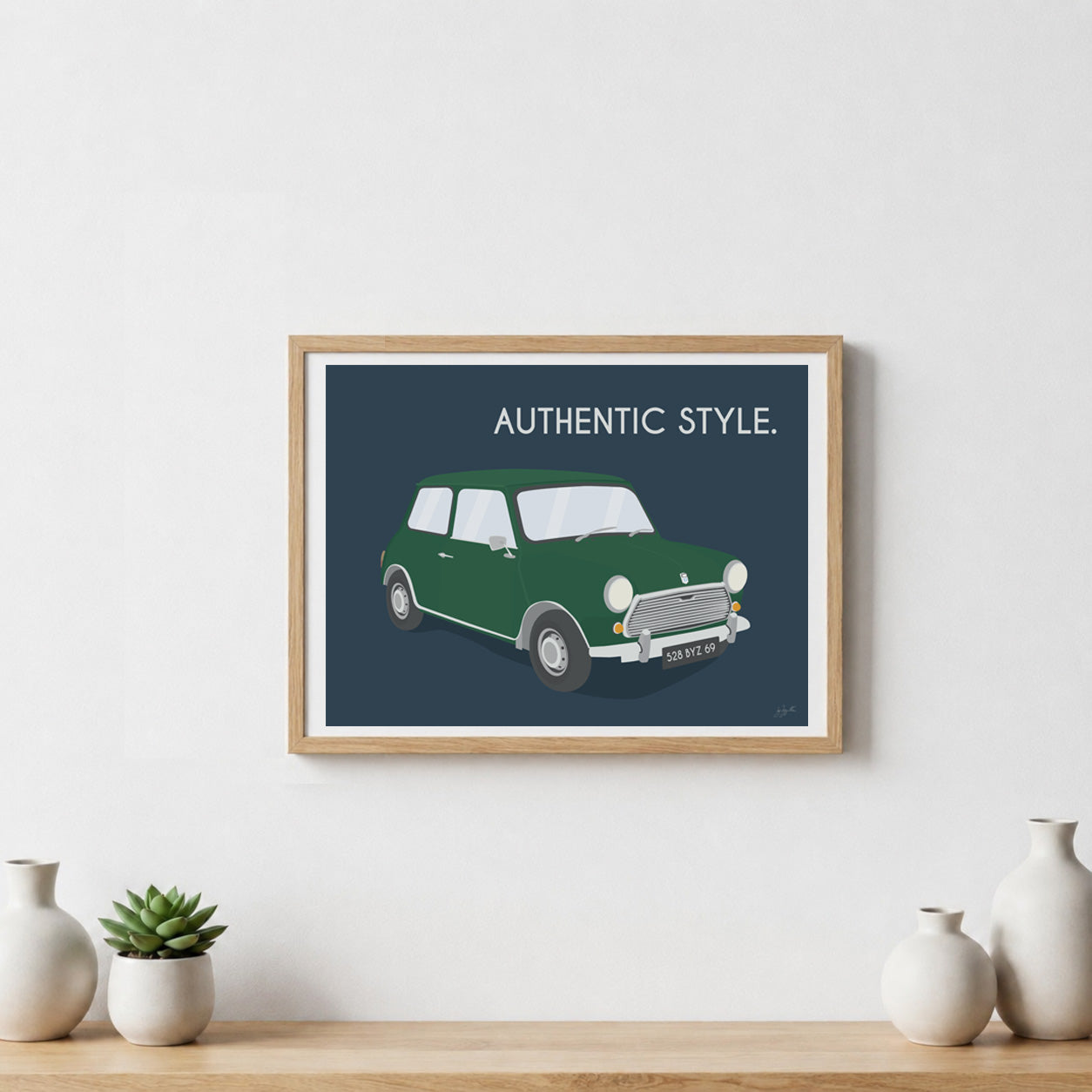 Affiche Mini vintage – décoration murale inspirée de la légendaire Mini Cooper et de l’élégance britannique.