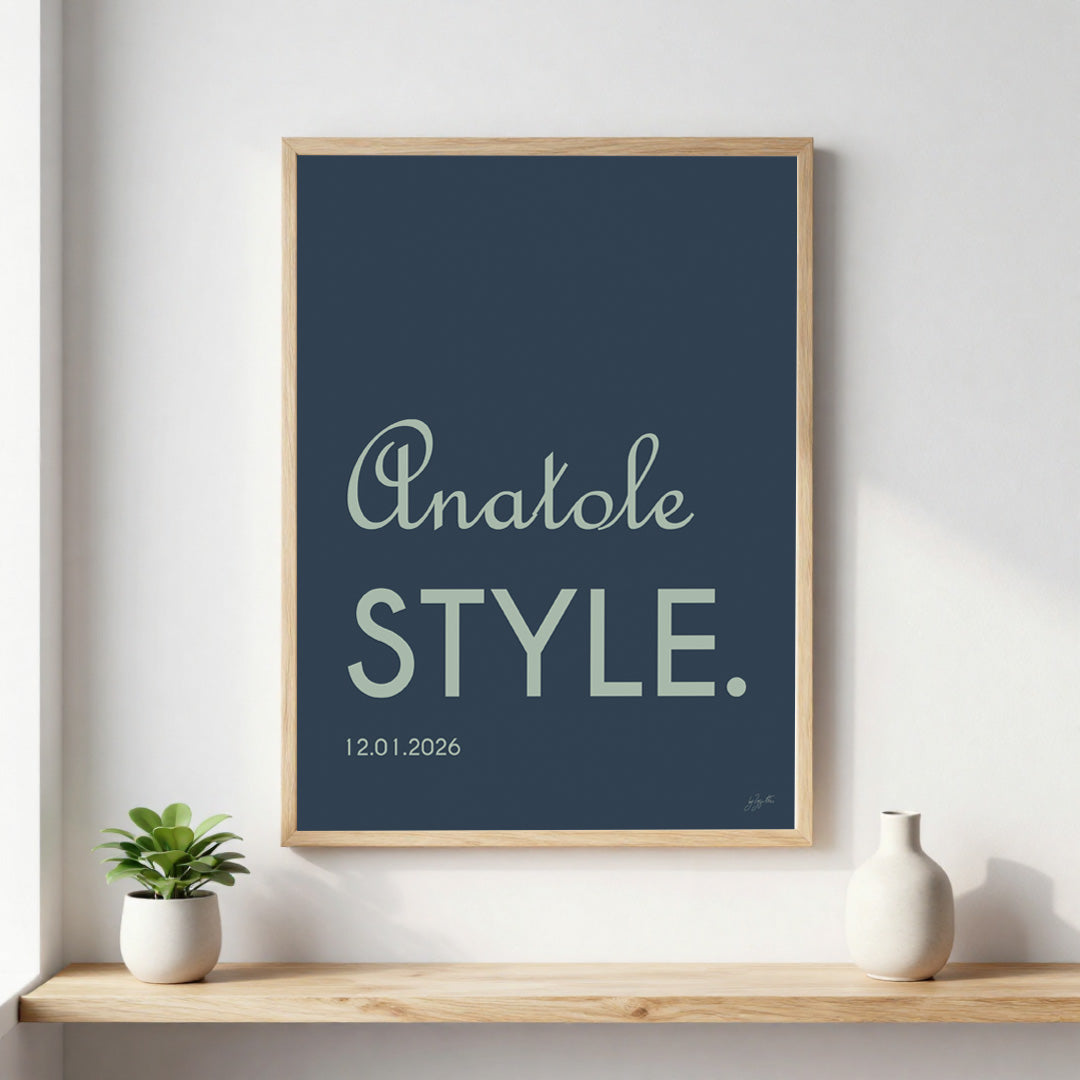 Poster Name Style personnalisée avec prénom ou nom, décoration murale moderne fabriquée en France.
