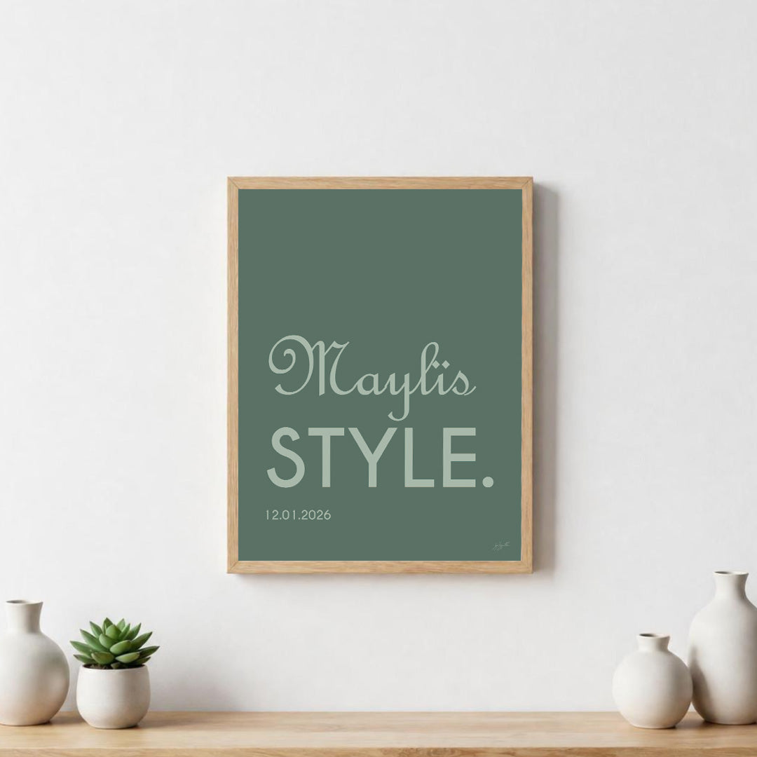 Poster Name Style personnalisée avec prénom ou nom, décoration murale moderne fabriquée en France.
