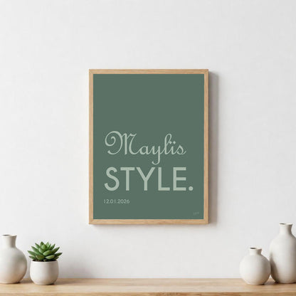 Poster Name Style personnalisée avec prénom ou nom, décoration murale moderne fabriquée en France.
