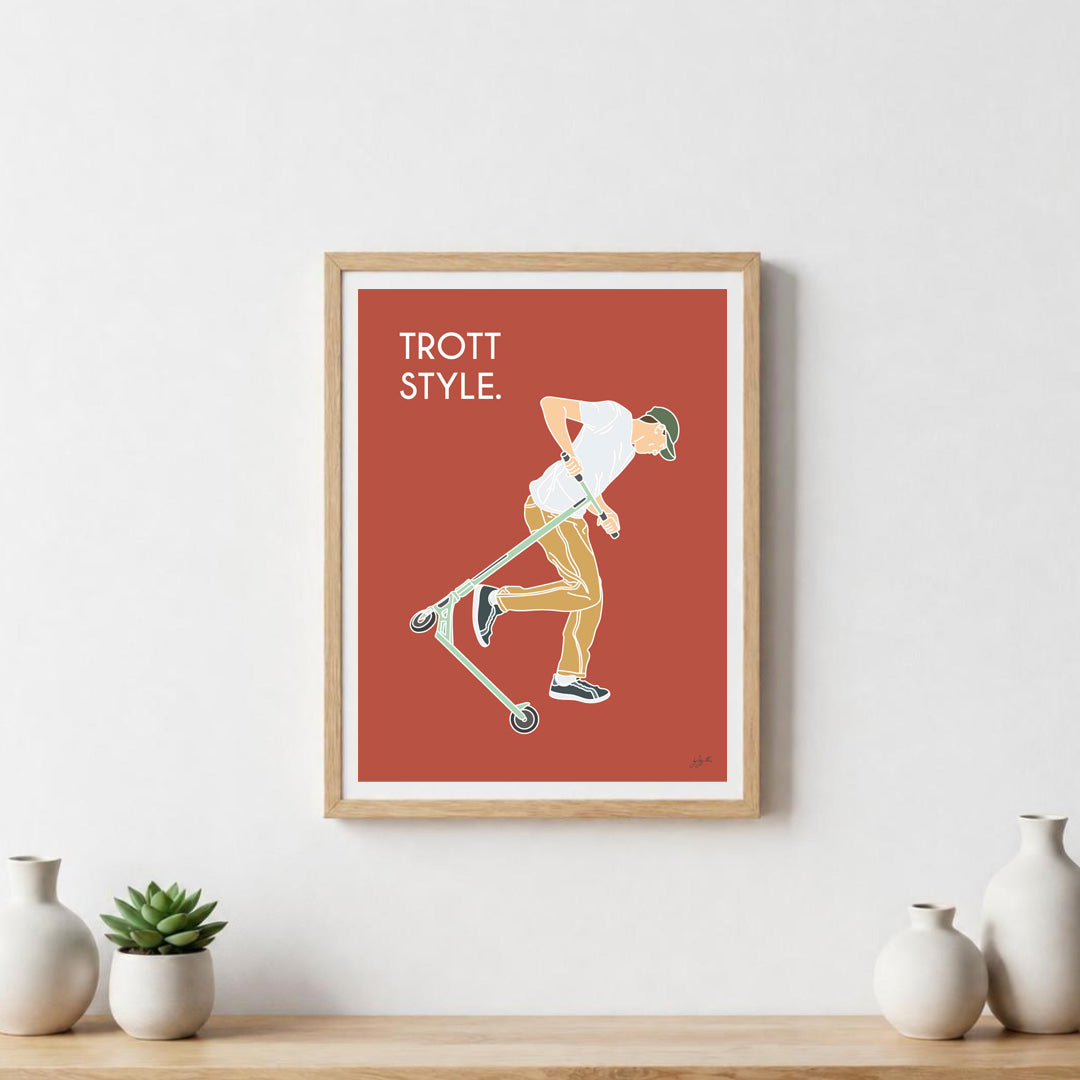 Poster trottinette freestyle – décoration murale inspirée des skateparks, des figures de freestyle et de la culture urbaine.