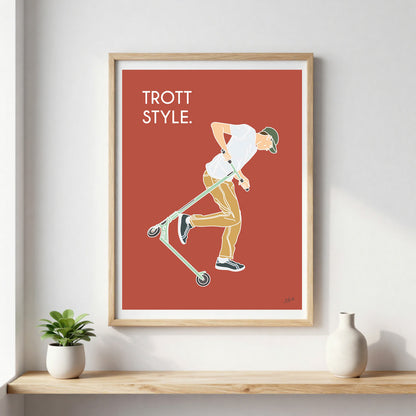 Poster trottinette freestyle – décoration murale inspirée des skateparks, des figures de freestyle et de la culture urbaine.