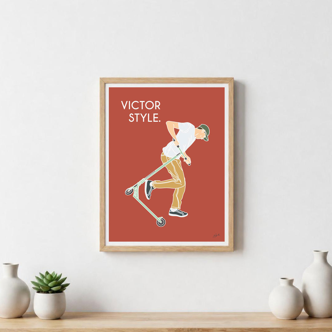 Poster trottinette freestyle – décoration murale inspirée des skateparks, des figures de freestyle et de la culture urbaine.