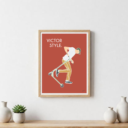 Poster trottinette freestyle – décoration murale inspirée des skateparks, des figures de freestyle et de la culture urbaine.