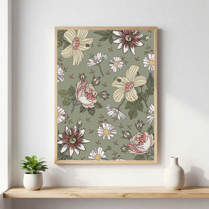 Poster floral représentant un motif de fleurs blanches, pivoines roses et marguerites sur fond bleu, idéale pour une décoration murale élégante et botanique.