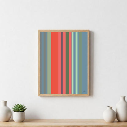 Poster décoratif inspirée des rayures basques traditionnelles avec des bandes colorées bleu, vert et corail, idéale pour une décoration murale moderne.