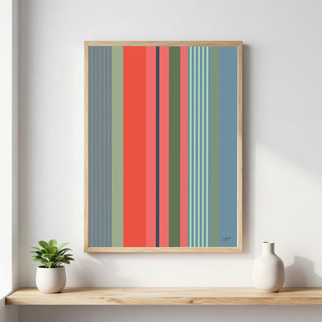 Poster décoratif inspirée des rayures basques traditionnelles avec des bandes colorées bleu, vert et corail, idéale pour une décoration murale moderne.